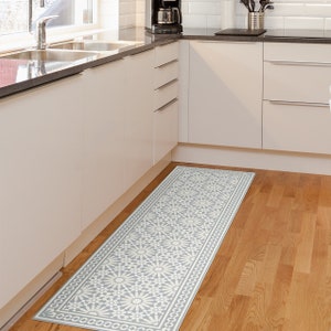 Light gray vinyl runner rug or kitchen runner mat with Moroccan tiles design. Vinyl floor mat, pale gray rug runner, floor runner.