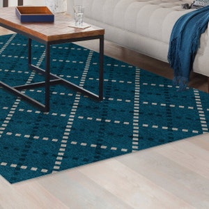 Dark blue geometric vinyl floor mat. Ikat style mat, printed on PVC.