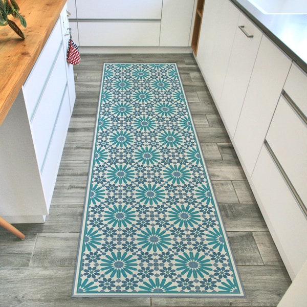 Turquoise and blue runner rug, printed on vinyl floor mat. Rug runner with Moroccan tiles, kitchen runner, turquoise rug, hallway runner.