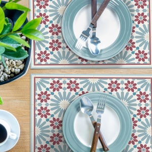 Vinyl placemats with Moroccan tiles design. Red and light blue placemats, printed on vinyl PVC. Kitchen decor, table setting, table mats.