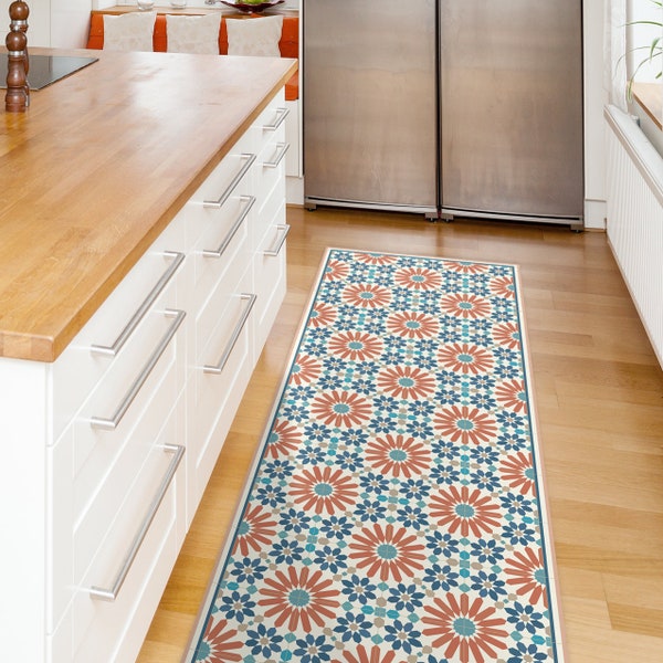 Orange and blue kitchen runner rug, printed on vinyl floor mat. Rug runner with Moroccan tiles, kitchen runner, Orange rug, hallway runner.