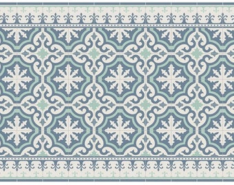 Blue and turquoise tiles vinyl mat with decorative frame. Art Mat printed PVC carpet.