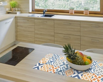 Eclectische tegels tafelloper: oranje en blauw bedrukt vinylkunstmat