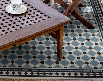 Moroccan tiles in blue. Vinyl floor mat, with zellige mosaic pattern. Kitchen floor mat, runner rug, area rug