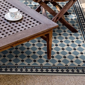 Moroccan tiles in blue. Vinyl floor mat, with zellige mosaic pattern. Kitchen floor mat, runner rug, area rug