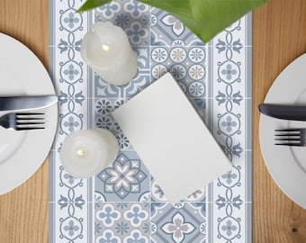 Gray eclectic tiles, printed with decorative tiles and frame in elegant design, table runner, vinyl runner, PVC table runner, Art Mat.