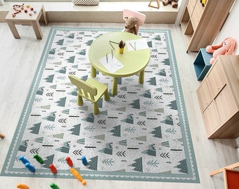 Tapis forestier scandinave en vinyle pour enfants. Tapis de sol en vinyle avec illustration d'arbres et de montagnes, design mignon pour enfants, tapis de chambre à coucher, décoration de chambre d'enfant.