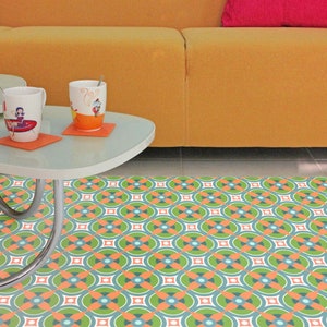 Vinyl floor mat, vintage style, with orange and green vintage pattern, vintage rugs, kitchen mat, bath mat or doormat. Art mat vinyl.