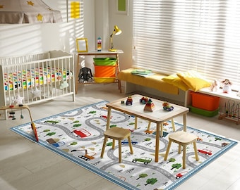 Colorful Road Vinyl Floor Mat: Kids Playroom Rug
