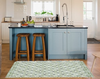 Green Moroccan Tile Vinyl Floor Mat: Indoor Outdoor Area Rug