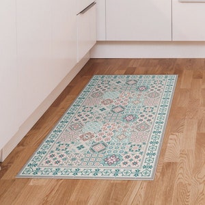 NEW - Vinyl floor mat with eclectic tiles. Turquoise pvc rug, printed to order with elegant tile design. Great home and kitchen decor mat.