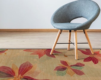 NEW - Red Hibiscus -  Floral bamboo rug. Hibiscus flowers in red. Natural bamboo mat. Kitchen floor mat, area rug or runner rug.