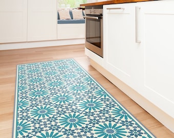 Blue and turquoise vinyl kitchen rug, with Moroccan tiles design. Kitchen decor, blue vinyl floor mat, pet mat, door mat, kitchen mat.