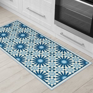 Dark blue Kitchen mat, Vinyl floor mat with Moroccan tiles design. kitchen floor mat with blue tiles, Kitchen decor, bath mat, kitchen rug.