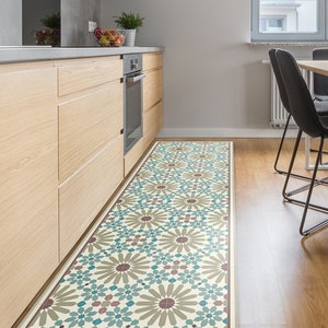 Blue and Turquoise Vinyl Kitchen Rug, With Moroccan Tiles Design