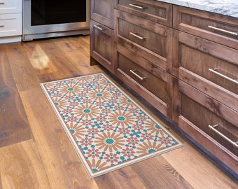 Kitchen vinyl floor mat with orange and blue Moroccan style tiles. Kitchen rug, Kitchen decor, bath mat, pat mat and doormat.