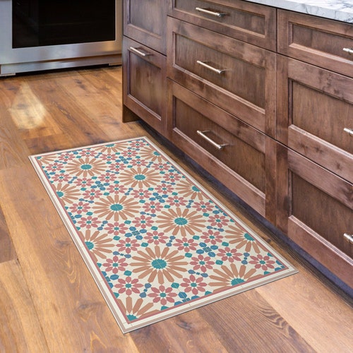 Dark Blue Kitchen Mat Vinyl Floor Mat With Moroccan Tiles Etsy