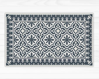 Dark grey vinyl mat with classic tiles design and decorative frame. Art Mat printed PVC carpet.