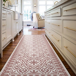 Terracotta, runner mat with tiles pattern and decorative frame. terra cotta runner rug, vinyl floor mat with vintage design.