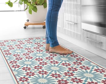 Vinyl floor mat with Moroccan tiles in blue and red. kitchen rug with zellige tiles design. vinyl kitchen rug, bath mat, pet mat. Art Mat.