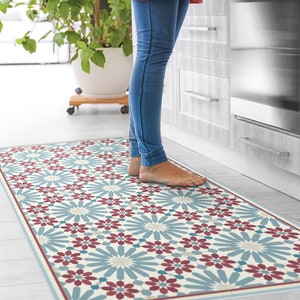 Vinyl floor mat with Moroccan tiles in blue and red. kitchen rug with zellige tiles design. vinyl kitchen rug, bath mat, pet mat. Art Mat.