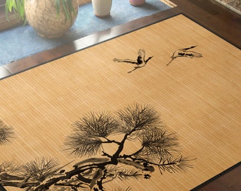 Bamboo rug - Cranes illustration in black and grey, Art Mat