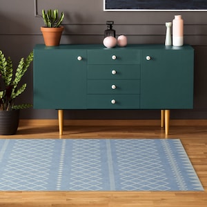 Blue geometric vinyl floor mat. Ikat style mat, printed on PVC.