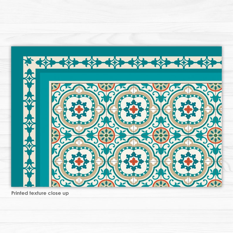 Turquoise Vinyl Floor Mat With Decorative Spanish Tiles Etsy