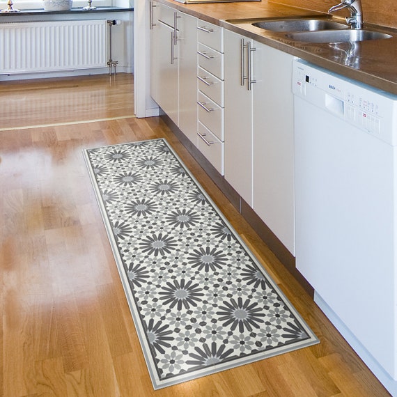 Gray runner rug with Moroccan tiles. kitchen floor mat, Moroccan rug, kitchen runner rug, hallway runner, Vinyl floor mat.