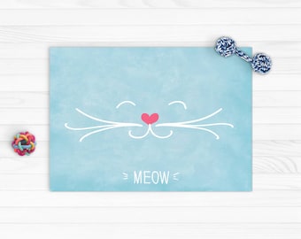 Katten placemat. Vinyl kattenmat met illustratie in blauw. Pet Food Mat // Pet Bowl Mat // cat Placemat // pet Placemat // Pet Gift