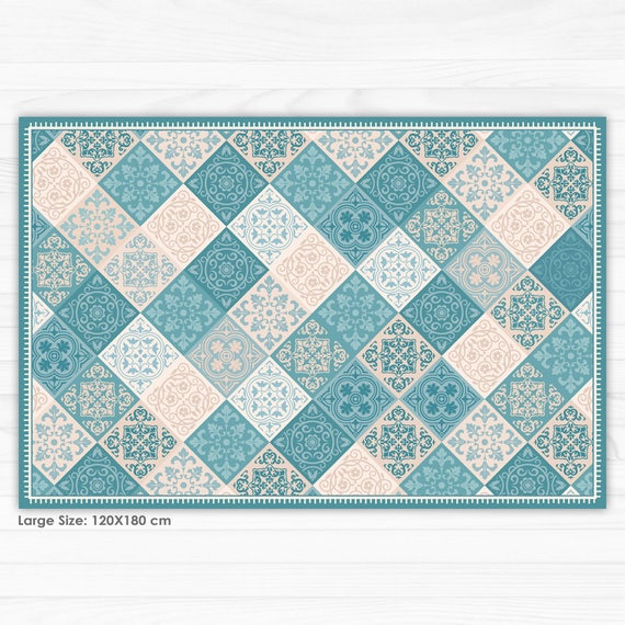 Vinyl Floor Mat Kitchen Mat With Tile Design In Turquoise Etsy
