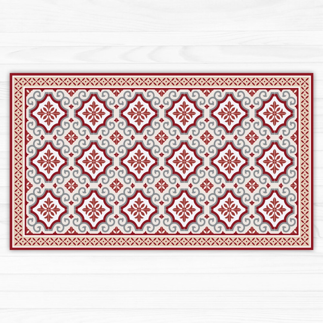 Red and Grey Linoleum Rug, Area Rug, Vinyl Mat, With Tiles and ...