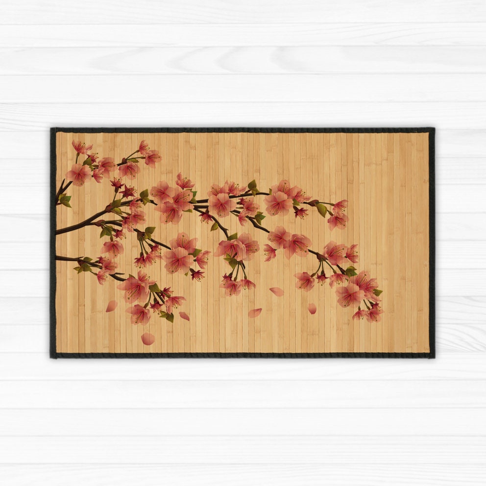Printed Bamboo Mat - Plum Blossom Print in Pink. Natural Bamboo Rug ...