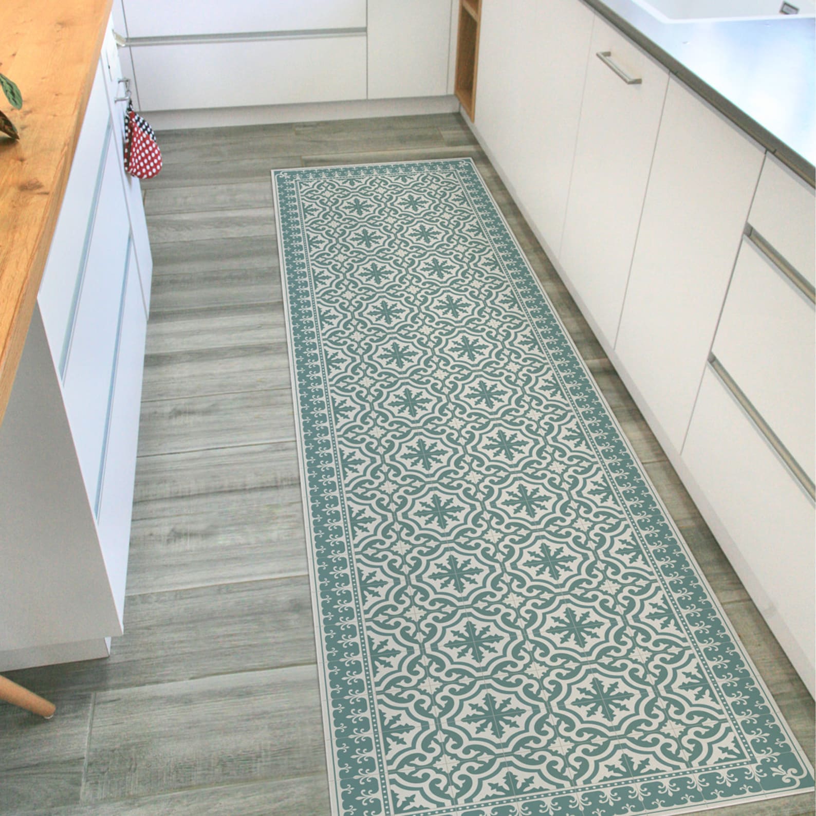 Green Vinyl Rug Runner. Kitchen Floor Mat With Vintage Tiles Etsy