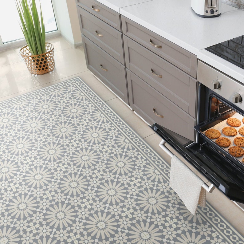 Kitchen floor mat with gray Moroccan tiles deisgn. Kitchen mat, door mat, pet mat. Grey Zellige floor tiles. image 1