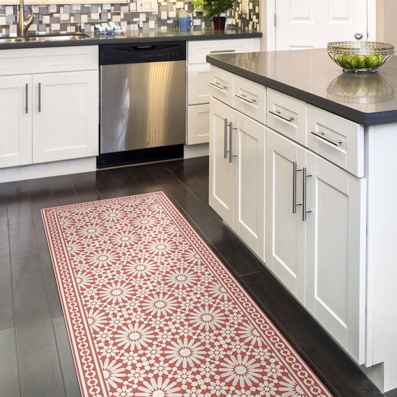 Kitchen Floor Mat With Moroccan Tiles Design in Olive Green, Tuquoise and  Beige. Kithcen Rug, Door Mat or Pet Mat. 