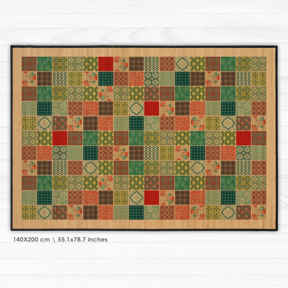 Printed Bamboo Rug - Patchwork Design in Green, Red and Turquoise ...