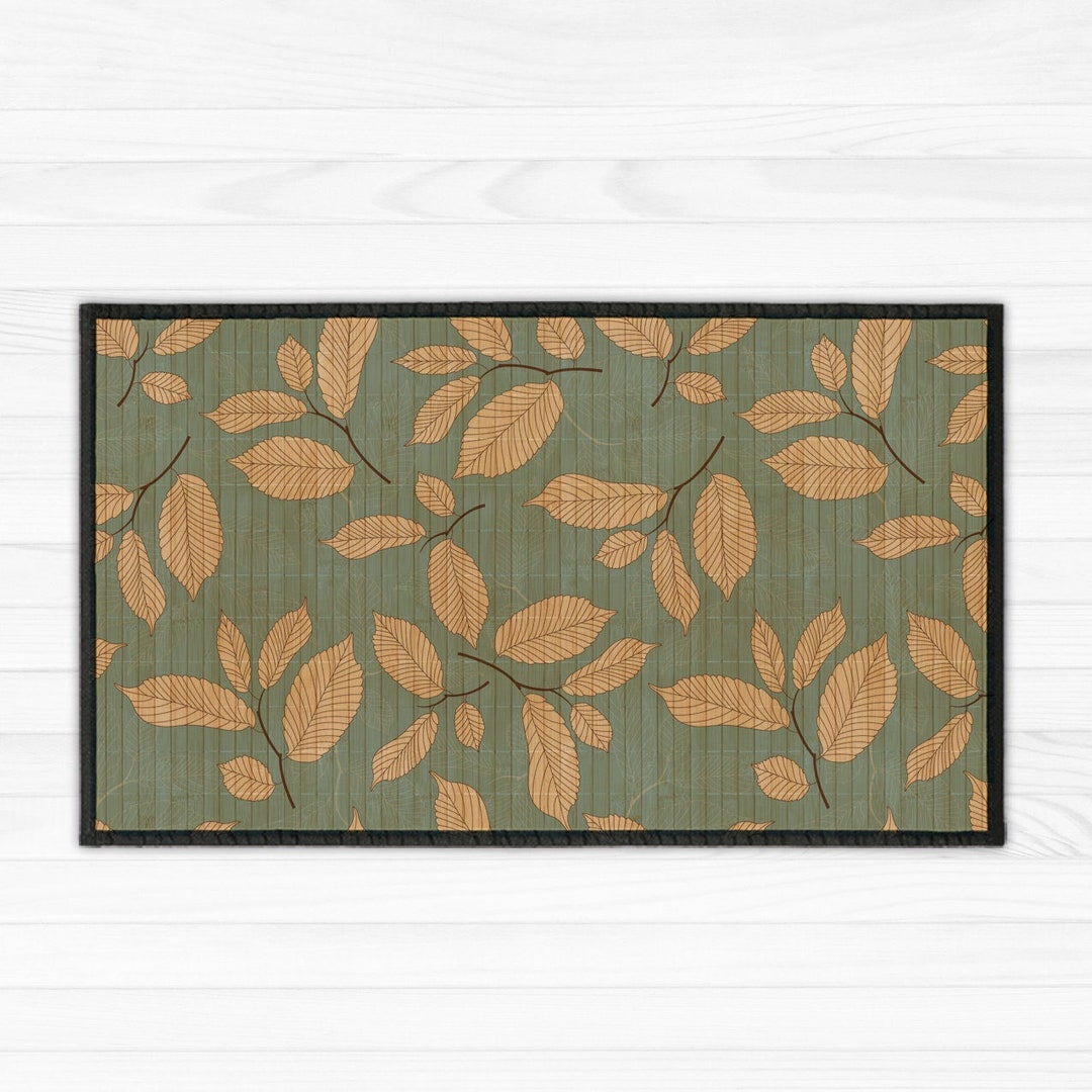 Bamboo Rug With Printed Design of Leaves on Turquoise Background ...