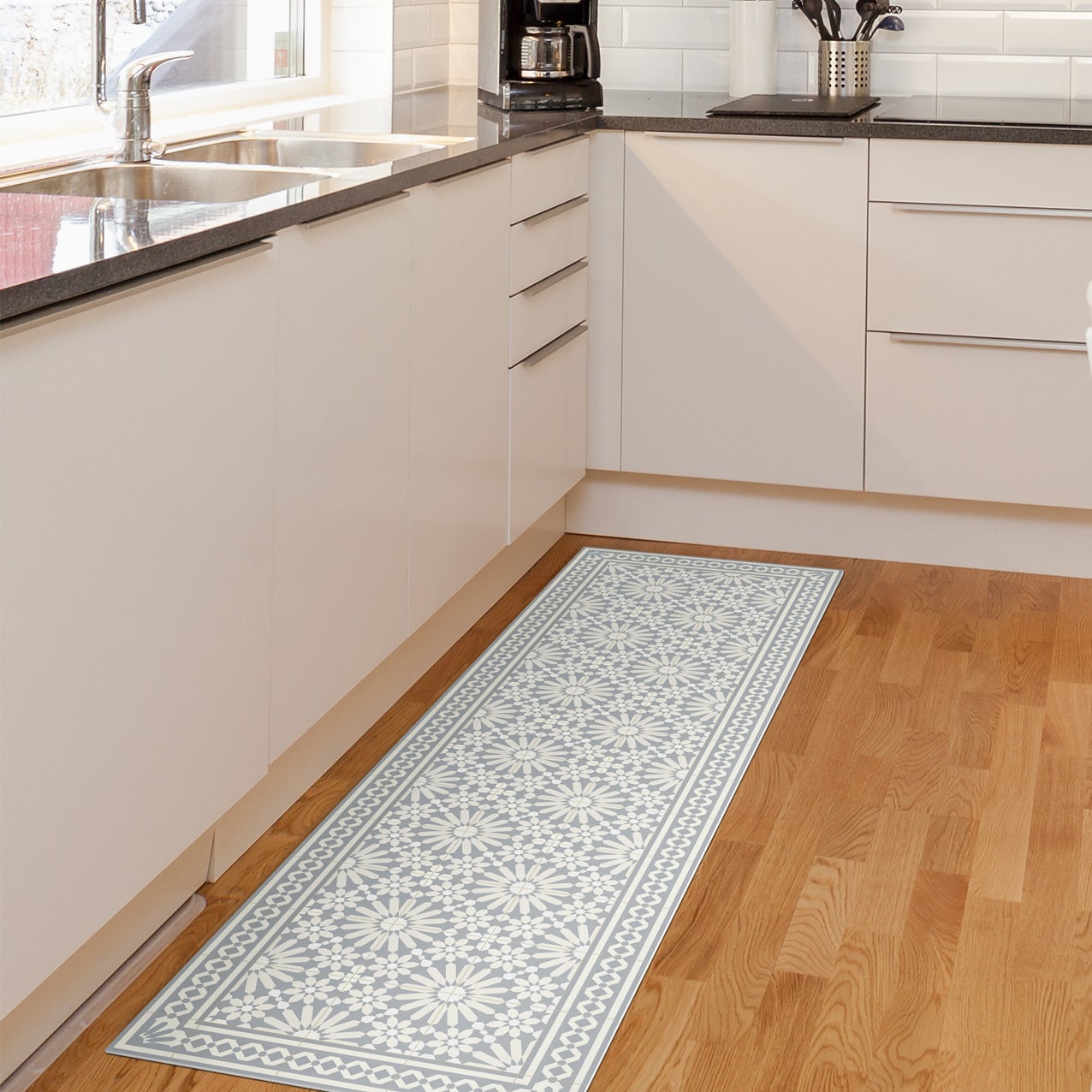 Light Gray Vinyl Runner Rug or Kitchen Runner Mat With Moroccan Tiles  Design. Vinyl Floor Mat, Pale Gray Rug Runner, Floor Runner. 