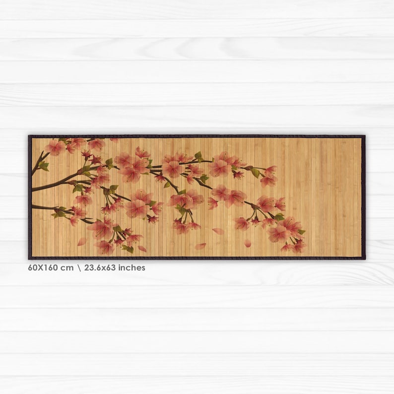 Printed Bamboo Mat - Plum Blossom Print in Pink. Natural Bamboo Rug ...
