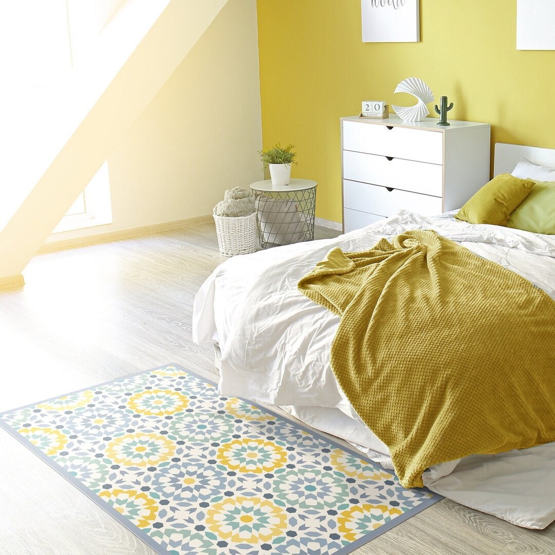 Kitchen Floor Mat With Gray and Yellow Moroccan Tiles Design. Kitchen