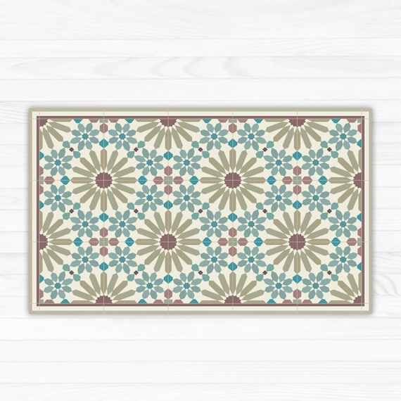 Kitchen Floor Mat With Moroccan Tiles Design in Olive Green