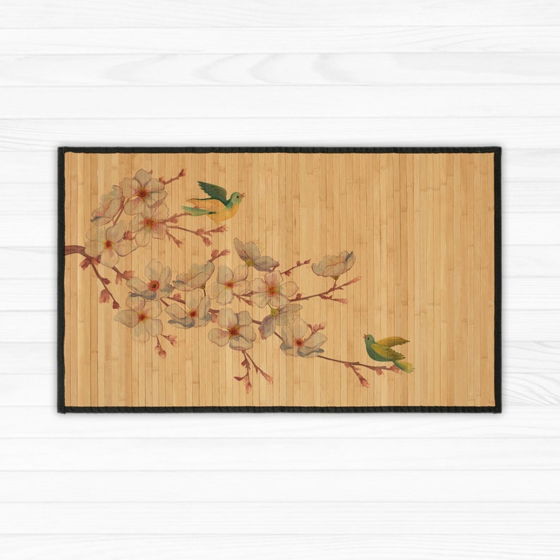 Printed Bamboo Mat, Area Rug - Oriental Print of Bird on Branch, Plum ...