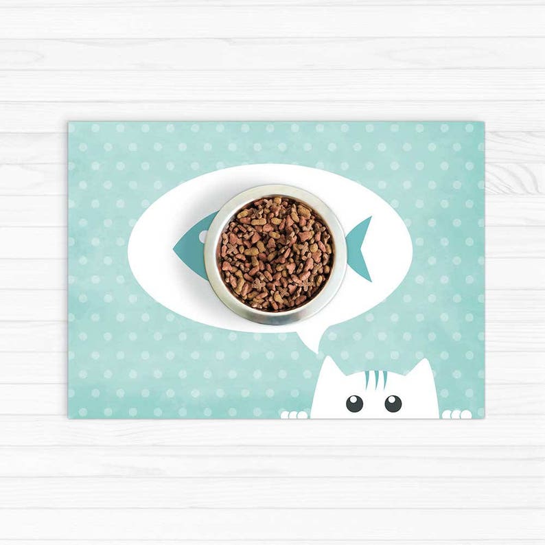 Cat Food Placemat in Turquoise Vinyl Pet Mat Hungry Cat Etsy