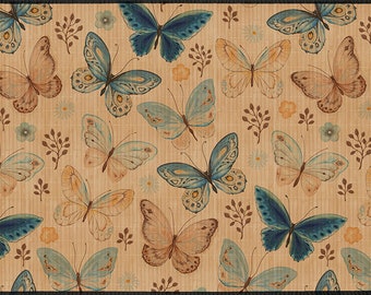 NEW -  Beautiful vintage painting of butterflies in blue. printed on natural bamboo, area rug, hallway runner