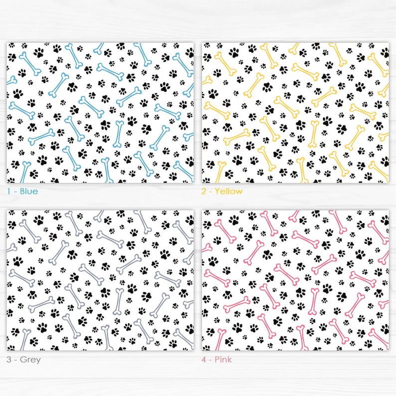 Op de afbeelding: Vier verschillende stofstalen met poot afdrukken en botontwerpen. De stalen zijn gelabeld 1-Blauw, 2-Geel, 3-Grijs en 4-Roze.