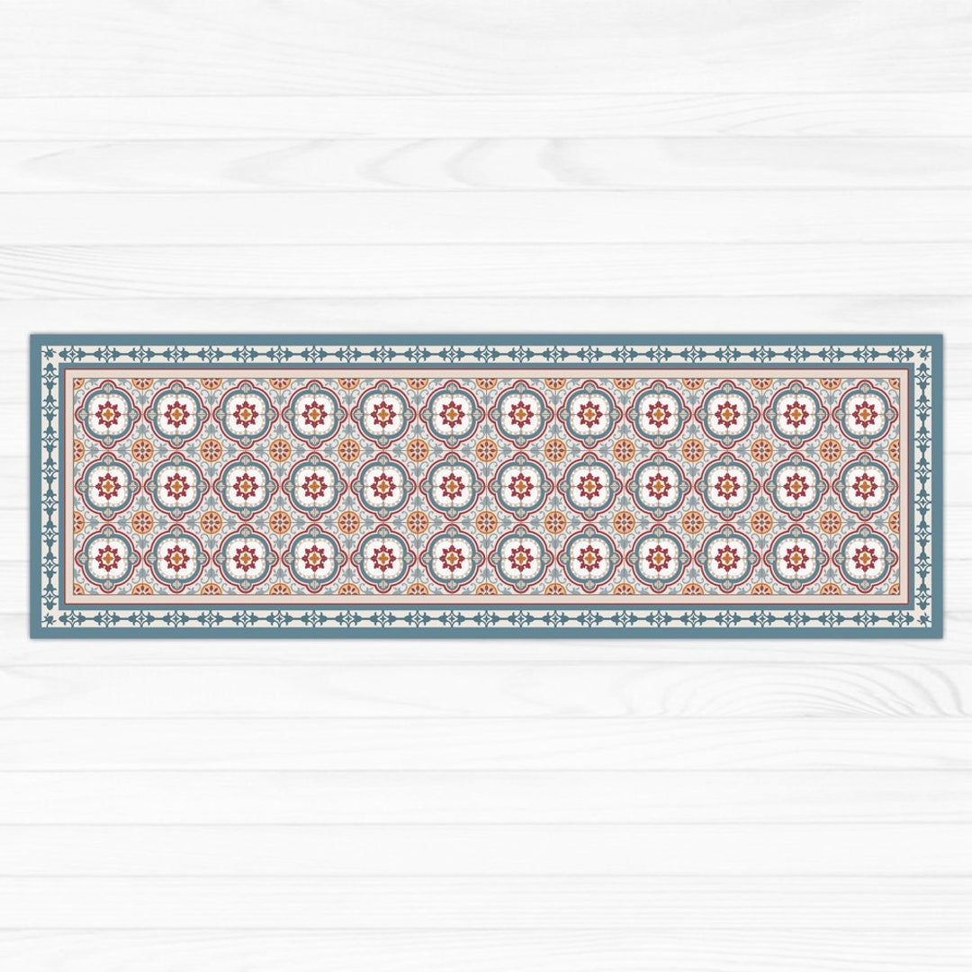 Blue and Red Table Runner. Spanish Style With Decorative Tiles Pattern