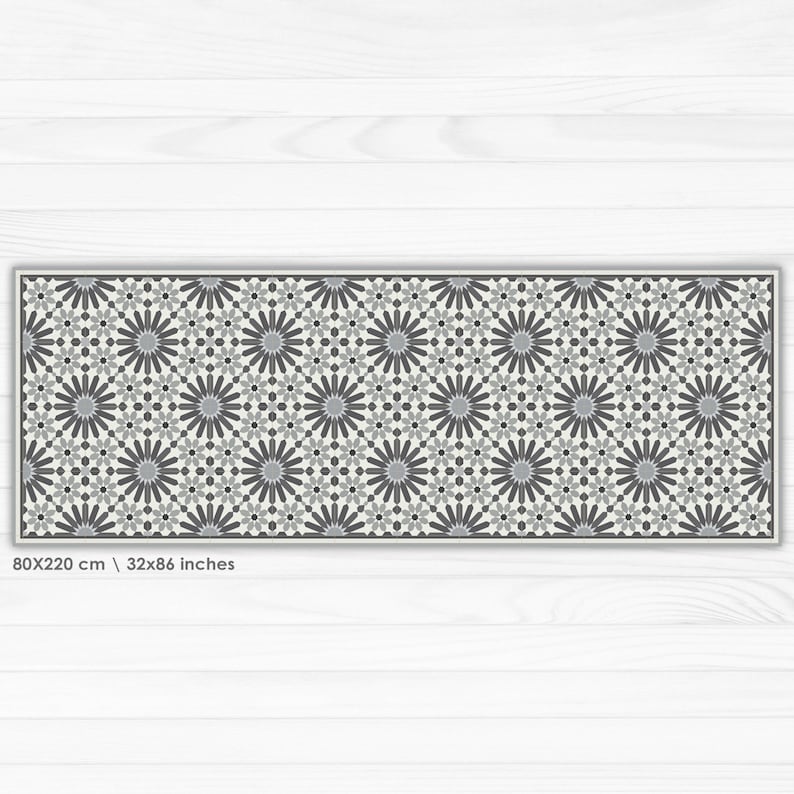 Grey Pattern Rug Mat Gray Vinyl Floor Mat With Moroccan Tiles Pattern. Kitchen Rug With ...
