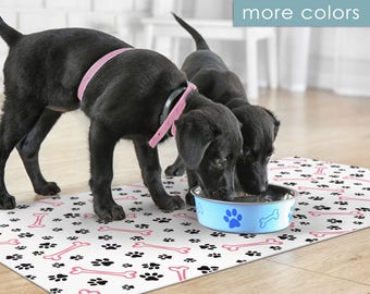 Dog placemat / pet mat. dog bowl Mat, Paws and bones illustration. Pet placemat, dog mat, Pet food mat. PVC placemat.