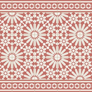 May include: A red and white patterned tile with a geometric design. The tile features a repeating pattern of white flowers with a red background.